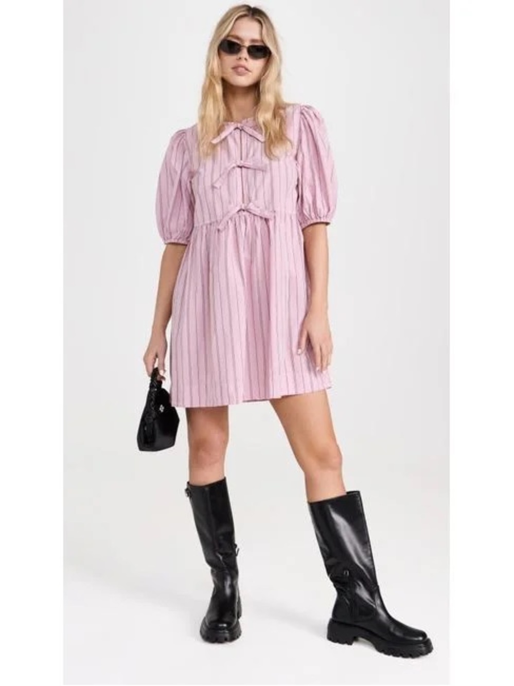 Ganni Pink Stripe Cotton Mini Bow Tie Minidress